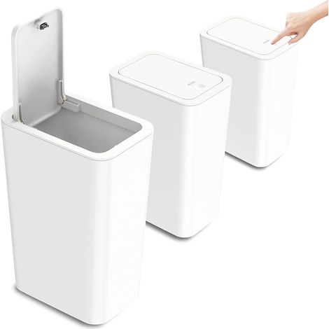 Lot de 3 poubelles de salle de bain - 10 l - Avec couvercle - Anti-odeurs - Pour cuisine, salle de bain, bureau, salon, chambre à coucher, WC - Blanc (1/5)