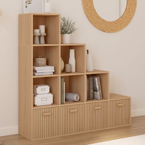 Mueble de almacenaje LORYS 4 niveles efecto listones JULIETTE con 4 cajones de tela (1/5)