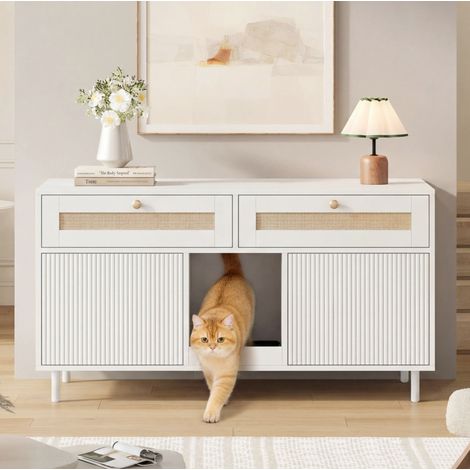 Mobile per gatto con tappetino raccogli lettiera in MDF bianco 120 x 50 x 65 cm OKWISH (1/5)