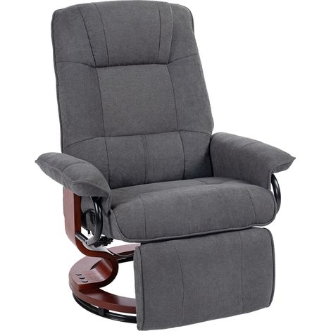 Fauteuil relax inclinable repose-pieds réglable pivotant 360° piètement bois tissu aspect lin gris (1/4)