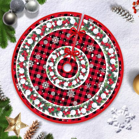 90cm Christmas Tree Skirt, Tree Base Cover, Tree Decoration, Merry Christmas Wreath Mat in Red Trellis (1/5)