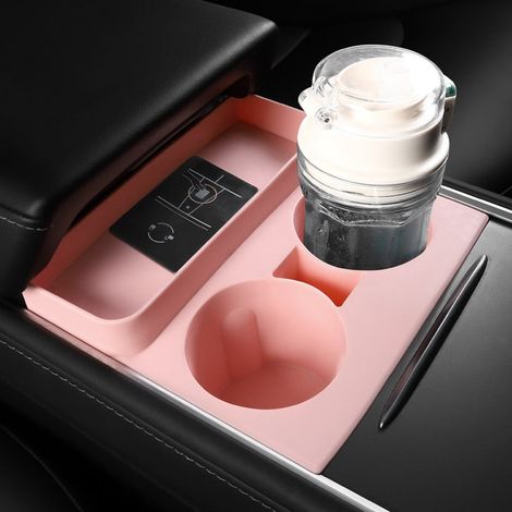 Support De Gobelet En Silicone - Pour Tesla Model 3 Et Model Y - Boîte De Rangement Intégrée - Rose - 1 Pièce (1/5)