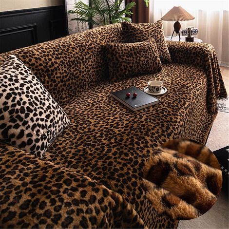 JSSEVN - Winter Warm Plush Sofa Cover, Washable, Dustproof, Anti-Scratch Sofa Blanket, Leopard Print Sofa Towel (180x130cm, Coffee) (1/5)