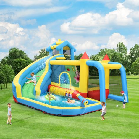 Castello gonfiabile 5 in 1 con soffiatore, 550-750 W, scivolo d'acqua per esterni, rete da calcio, pistola ad acqua, 364 x 315 x 239 cm, tessuto Oxford (1/5)