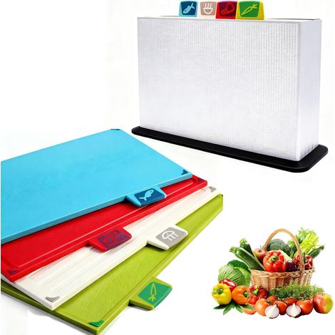 Set de 4 Planche a Decouper Plastique Professionnelle avec Support Rangement & Base Antidérapante,Cutting Board Multicolore Lave-Vaisselle et Sans BPA pour Découpe Viande,Légumes & Fruits (1/5)