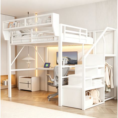 Lit mezzanine 140x200 cm avec LED, bureau intégré et étagère modulable, structure métal et MDF blanc (1/5)