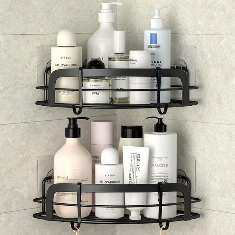 Lot de 2 étagères d'angle adhésives avec crochets à fixation murale, pour salle de bain, dortoir, toilettes, cuisine (1/5)