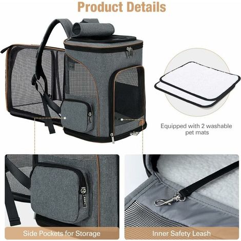 Zaino per cani e gatti, borsa trasportino pieghevole ed espandibile per cani di piccola taglia con guinzaglio di sicurezza interno e 2 tappetini per animali, grigio.