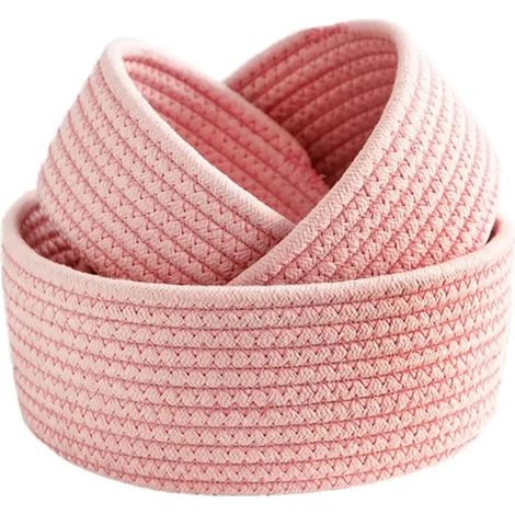 Lot de 3 petits paniers de rangement en corde de coton tissés roses : S, M, L, pour bureau, entrée, bijoux, jouets, clés. - R - Rose (1/5)