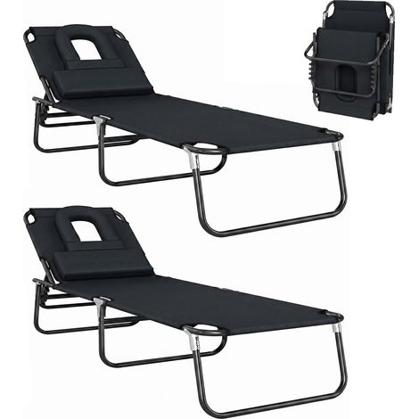Lot de 2 bain de soleil - chaises longues - Outsunny - pliantes appuie-tête trou de lecture Inclinable 4 positions - Oxford - noir (1/5)