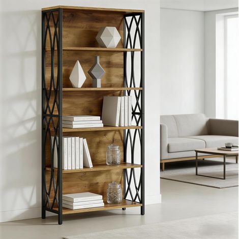 Libreria 97x38x24 cm, design a rami, protezione laterale, struttura in MDF e metallo, nero e marrone (1/5)