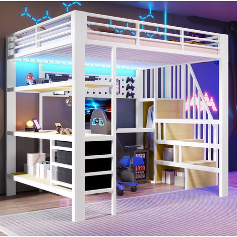 Hochbett 140x200 cm Weiß aus MDF und Metall mit Ablagefläche, Schubladen, Lochwand, Tisch, Steckdose und LED-Licht (1/5)