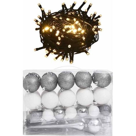 Ensemble de boules de Noël, comprenant des inserts et 150 lumières LED, 60 boules au total, blanches et grises. (1/5)