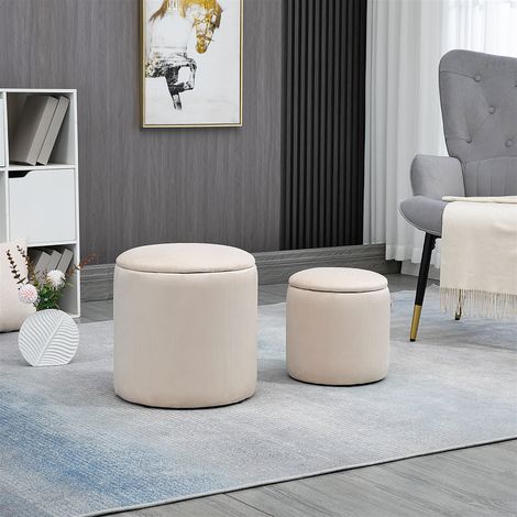 Lot de 2 poufs tabourets repose-pieds coffre de rangement en tissu aspect velours côtelé Ø40 cm et Ø30 cm. crème
