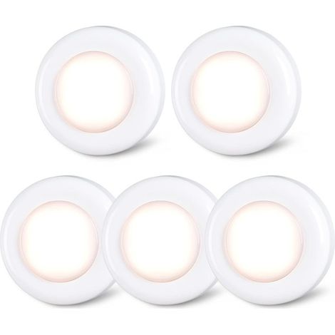 LED Lot de 5 petits spots LED tactiles, à coller, fonctionnement à piles, pour intérieur, placard, armoire, meuble de cuisine, blanc chaud (1/5)
