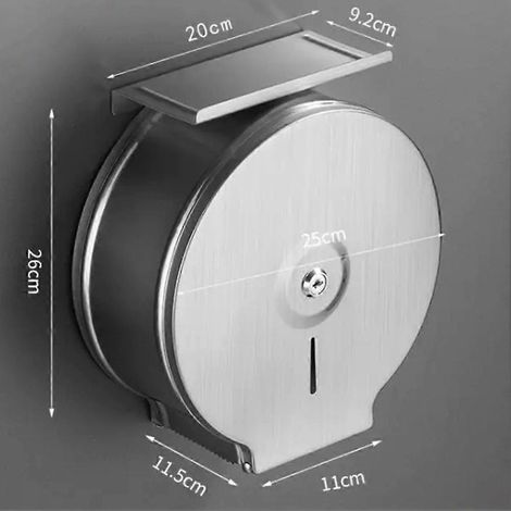 Porte-papier toilette commercial extra-large avec étagère, fixation murale verrouillable en acier inoxydable de 9 pouces. (1/4)
