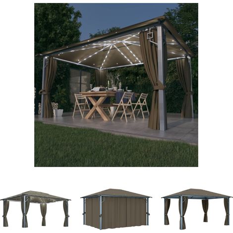 The Living Store - Pavillon mit Vorhängen & LED-Lichterkette 400x300 cm Taupe Alu (1/5)