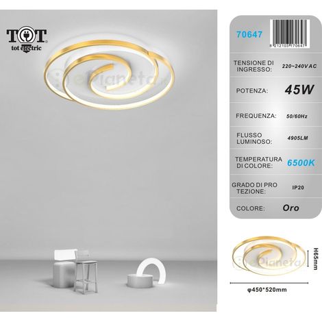 Plafoniera led 45w cerchio spirale vortice oro lampadario da soffitto moderno luce fredda naturale Bianco freddo