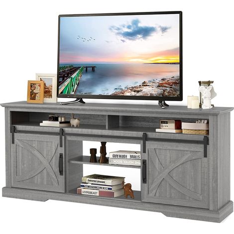 Parrot Uncle TV-Möbel TV Lowboard 173 cm für Fernseher bis 65 Zoll, TV-Schrank mit Schiebetüren, verstellbarem Einlegeboden, Stauraum, Modern Farmhouse, Hellgrau (1/5)