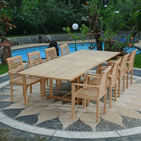 Teck'Attitude – Salon de jardin en teck massif extensible 8 places – Table rectangulaire 190-290 cm – 8 fauteuils Samoa empilables – Résistant aux intempéries (1/5)