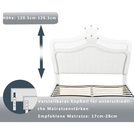 Lit enfant couronne blanc 140x200 cm, sommier à coffre hydraulique en PU cuir avec tête de lit, éclairage LED, cadre de lit rembourré pour fille (1/5)