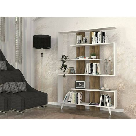 Dmora - Estante para libros Dmandell, Estante de oficina, Porta libros móvil, Biblioteca, 120x20h162 cm, Blanco y Nogal (1/5)
