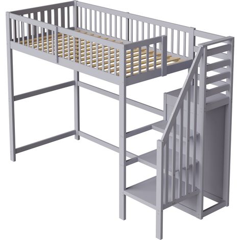 Lit mezzanine 90x200 avec escalier, lit enfant en bois avec étagère de rangement, gris (1/5)