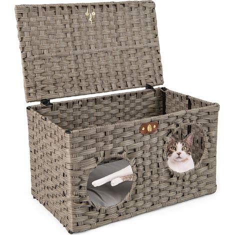 COSTWAY 60 x 35 x 35cm Large Rattan Kitten Condo House w/Soft Removable Cushion (1/5)