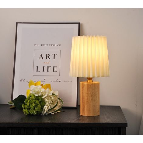 Lampe de table abat‑jour plissé socle bois clair 16×31 cm USB variateur intensité, lampe chevet d’ambiance style scandinave (1/4)