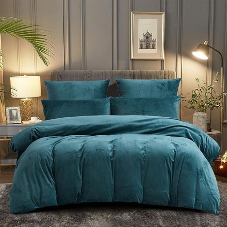 Parure de lit d'hiver en Coral Fleece - Ensemble de literie en peluche 135x200 cm - Lot de 4 pièces - Bleu clair - Microfibre polaire - Housse de couette et 2 taies d'oreiller 80x80 cm avec fermeture (1/5)