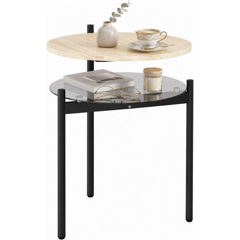 Table appoint ronde étagère verre ouverte, petits espaces. Salon. Chambre. 41,8x39,8x53,5 cm. Chêne (1/5)