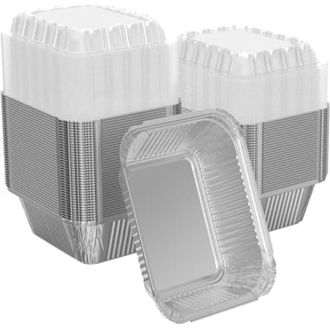 iHomeSet Lot de 100 récipients alimentaires rectangulaires jetables en aluminium de 907,2 g avec couvercles en forme de dme en plastique transparent, pour la restauration, la patisserie, le rtissage (1/5)