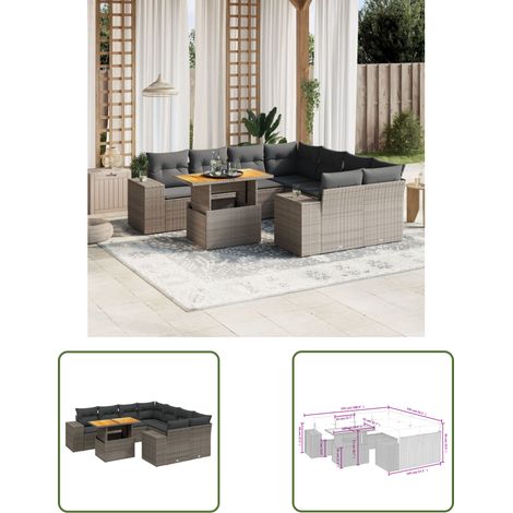 The Living Store 9-tlg. Garten-Sofagarnitur mit Kissen Grau Poly Rattan - Gartenmöbel Set - PE-Rattan Möbel - Outdoor Lounge - Garten Sofa - Balkon Möbel (1/3)