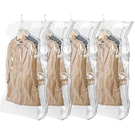 Lot de 4 sacs à vêtements sous vide suspendus avec crochets, gain de place de 80 %, 70 x 105 cm, transparents, adaptés aux vêtements, robes, costumes, vestes (1/5)
