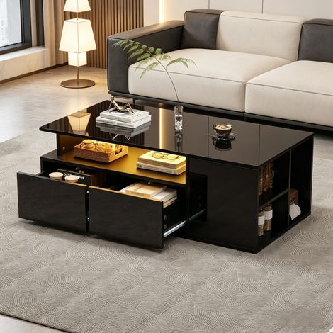 Mesa de centro LED 100 x 50 x 35 cm con 2 cajones y almacenamiento multicomp. negra HAVRYA (1/5)
