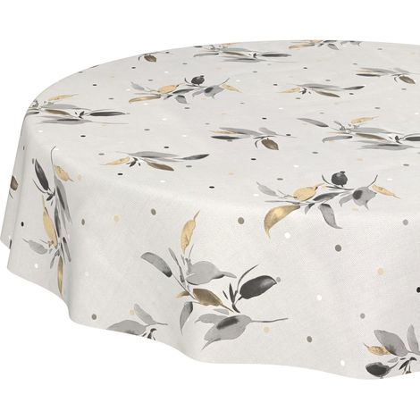 Nappe en Toile cirée Lavable, Facile d'entretien, imperméable, Effet Lotus, pour Table de Jardin, Motif Feuille argentée, Ronde, 140 cm, Bord coupé (1/5)