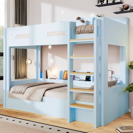Lit superposé en bois 90x200 cm avec port USB,rangements (haut et bas), lit mezzanine pour 2 enfants avec barrières,escalier,cadre de lit ado,bleu (1/5)