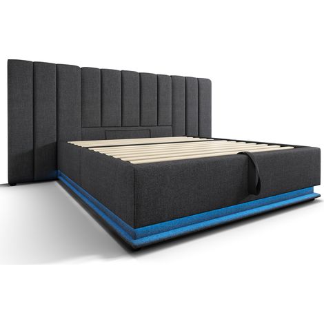 Lit capitonné 160×200, lit double coffre avec LED contrôlée par application et charge USB-C, cadre de lit avec sommier à lattes, lin, gris, sans matelas ni table de chevet (1/5)