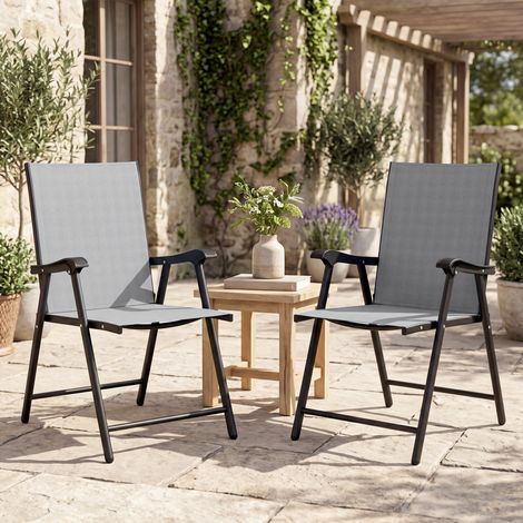 Lot de 2 chaises pliantes Ă dossier haut et accoudoirs, gris clair (1/5)