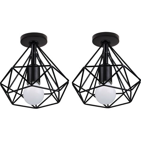 Lámparas de Techo 2 Piezas, Vintage Plafones con Ø20cm Jaula de Diamante, Luminaria de Techo de Metal para Dormitorio Salon (Negro)