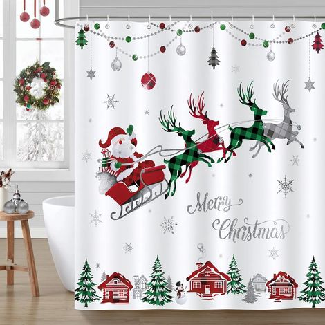 Rideau De Douche De Noël - Motif Tartan Rouge Et Vert Avec Père Noël Et Rennes - 152 X 183 Cm - 12 Anneaux Métalliques (1/5)