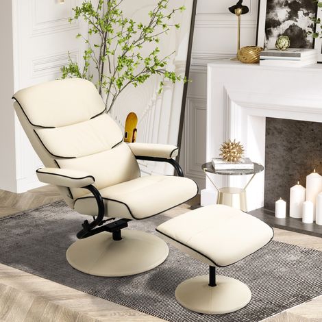 Fauteuil relax avec pouf, fauteuil TV avec dossier inclinable, pivotant à 360° assise rembourrée confortable, crème