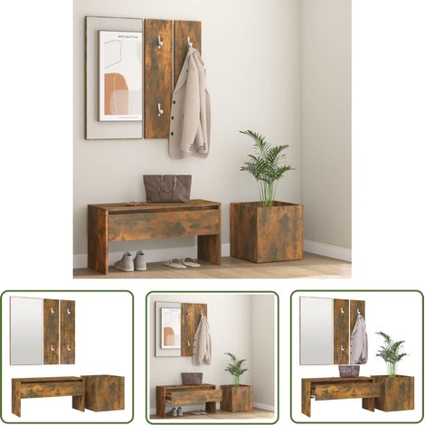 The Living Store Garderoben-Set Räuchereiche Holzwerkstoff - Flurbank - Holzwerkstoff Möbel - Garderobe - Spiegel - Pflanzenhalter (1/5)