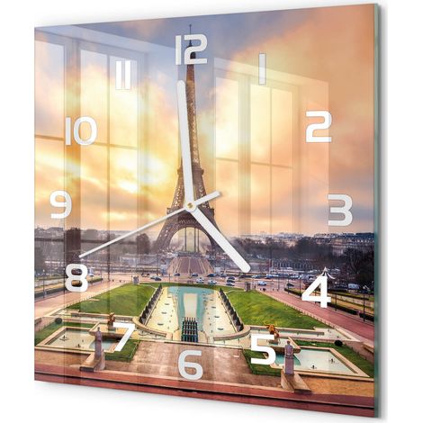 Horloge Murale Carrée Originale Verre Trempé Décoration Maison Moderne Tour Eiffel, Paris 30x30 cm (1/5)