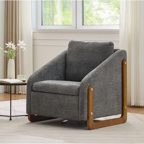 Poltrona lounge grigia in chenille con braccioli in legno, 73,5 x 73,5 x 73,5 cm, portata 110 kg (1/5)