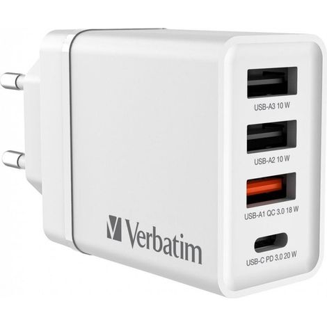 Chargeur mural Verbatim : 1 port USB-C PD 20 W, 1 port USB-A QC 3.0, 2 ports USB-A 10 W, blanc UE (1/5)