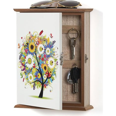 Wooden Key Box with Trees and Flowers Design, Key Cabinet, 6 Key Hooks, Wall Organizer for Entryway, Hallway, Office, Large, White (1/5)