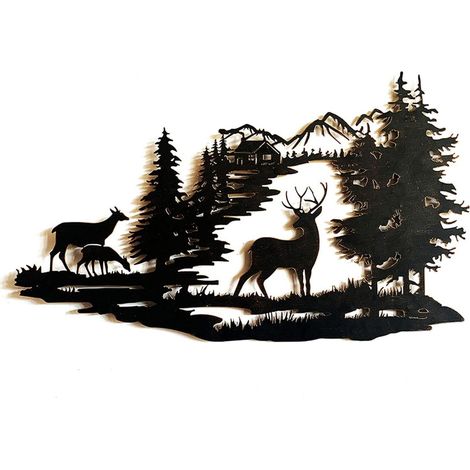 Lntyq Wandkunst mit Wald-Hirsch-Szene, Metall-Berg-Wandskulptur zum Aufhängen, indische Deko für Wohnzimmer (1/4)
