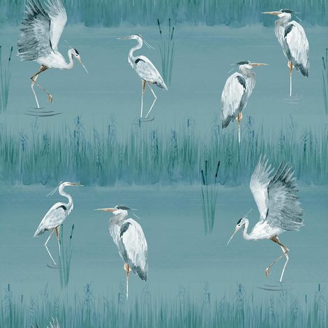 Arthouse Heron River Blue Wallpaper Birds Painted Effect Stylish Feature Wall (1/4)