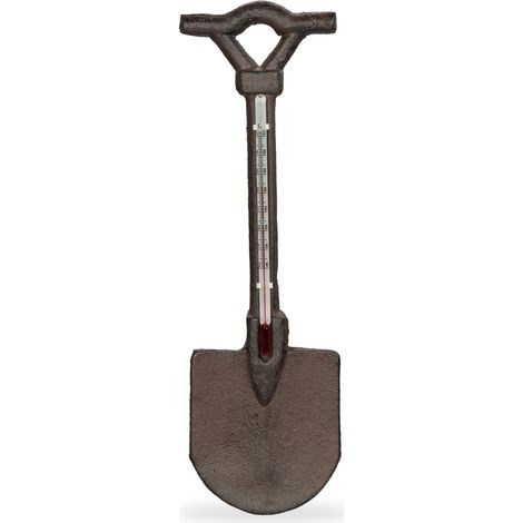 Termometro da parete antico a forma di pala per esterni, angolo decorativo, 30 x 10 x 5 cm, in ghisa nera, 130013376